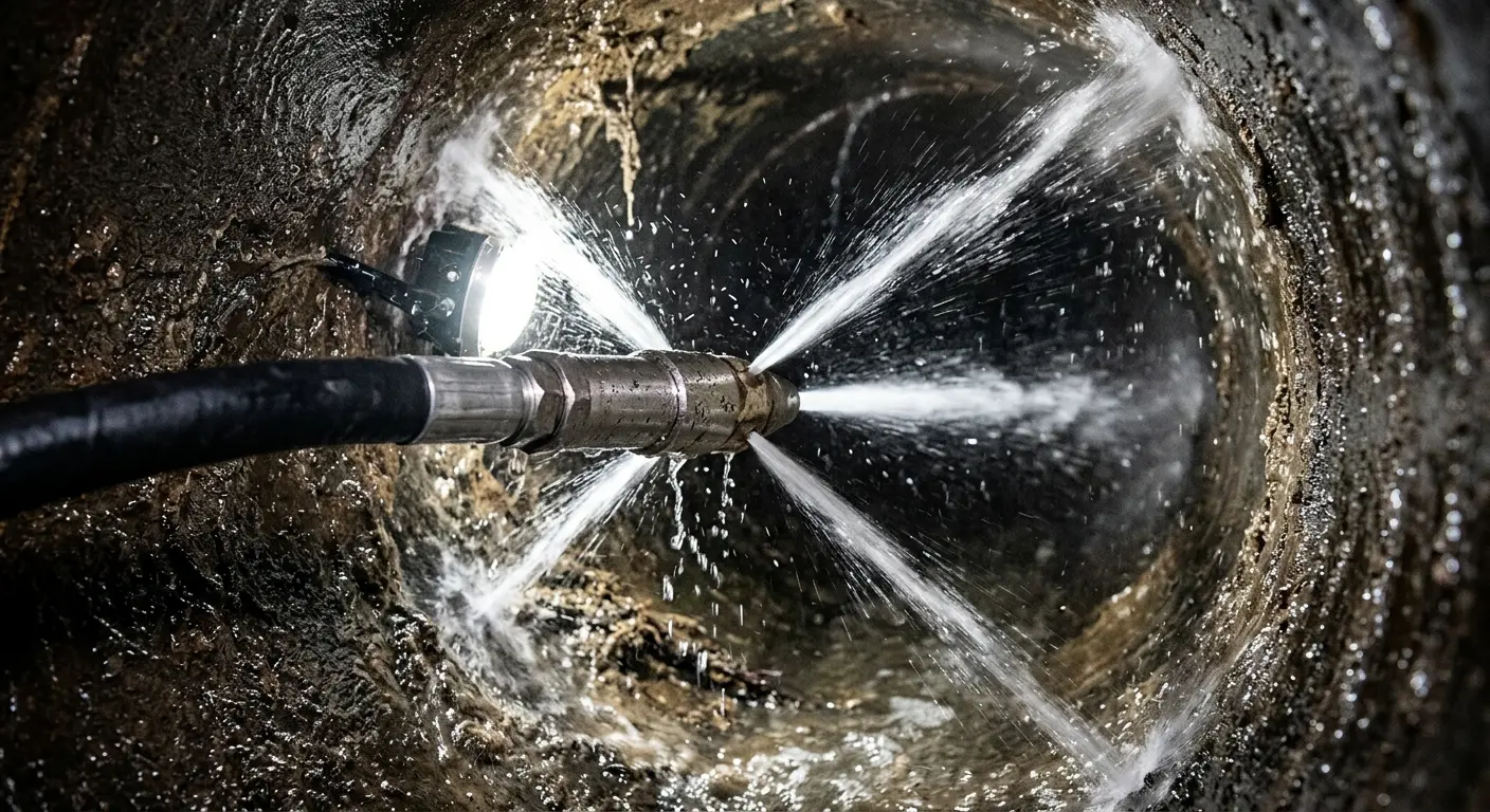 High-pressure hydro jetting nozzle cleaning sewer pipe for Sewer Line Relining in Aston