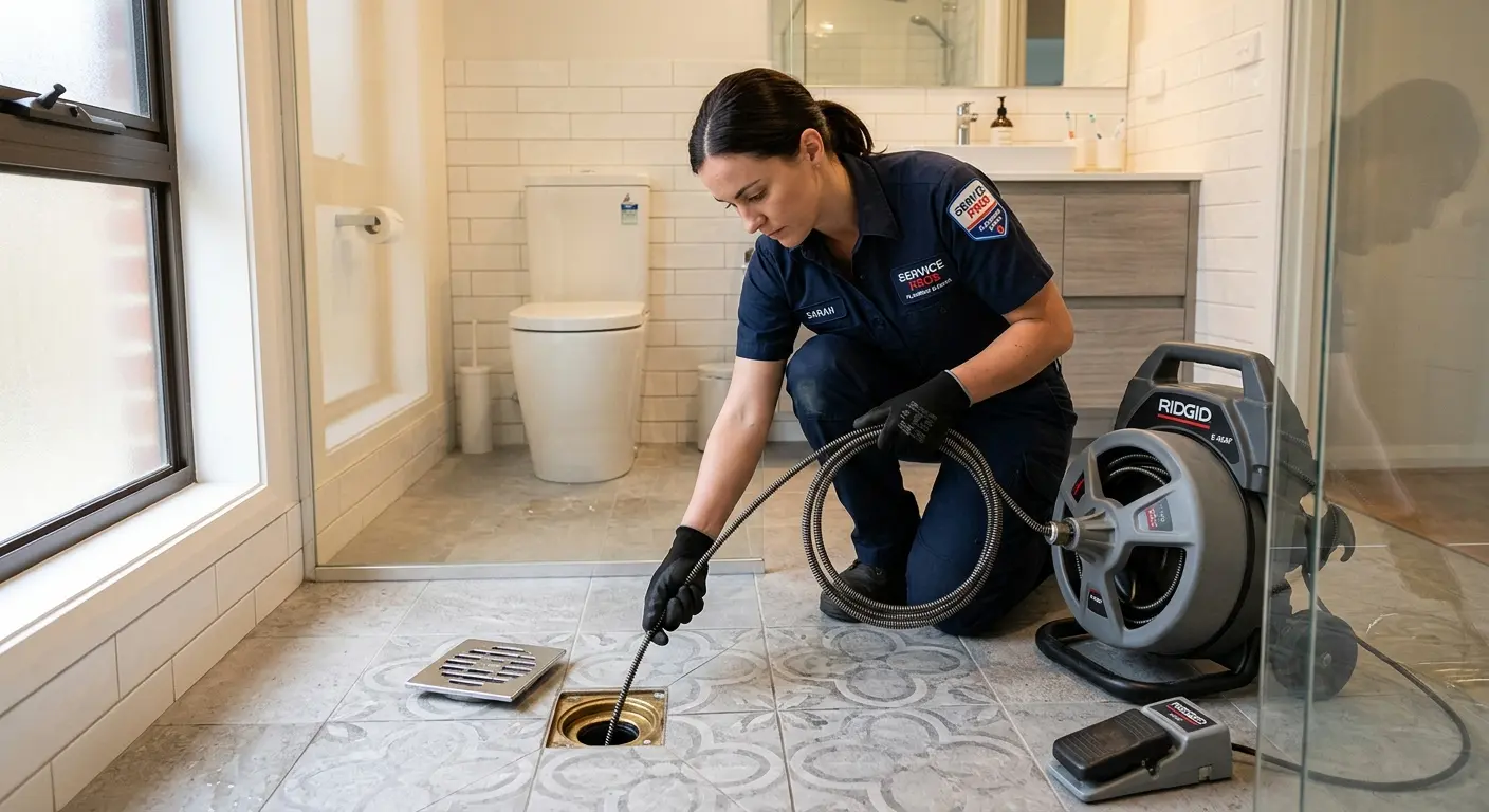 Technician clearing a bathroom floor drain for Drain Cleaning in Aston